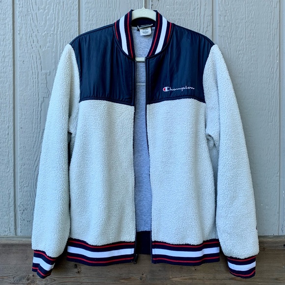 Champion sherpa color block jersey style zip up sporty jacket sweater - Picture 7 of 16